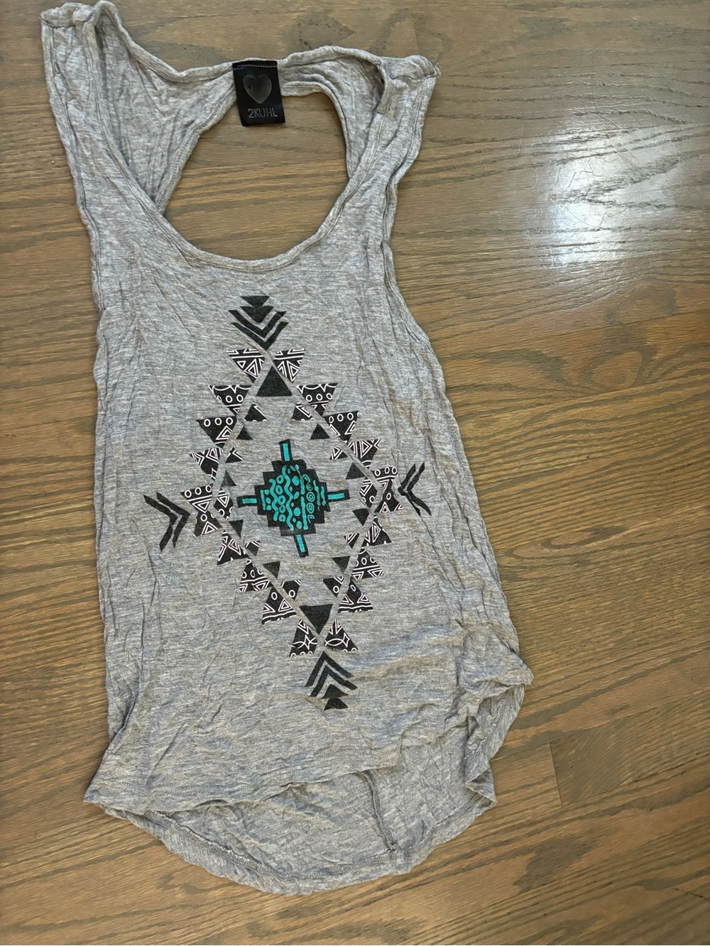 Vintage Y2K gray racerback tank top cut out turquoise black Aztec graphic sz s